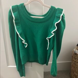 Vestique Green Crew Neck Sweater with Ruffle Trim